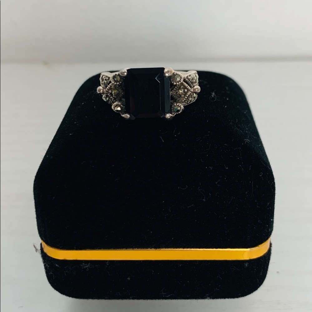 Onyx, marcasite, and sterling silver ring